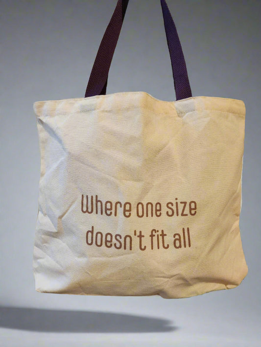 Mod it creations tote bag with its motto, " Where one size doesn't fit all".